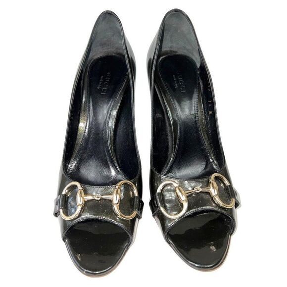 GUCCI Green Patent Leather Hollywood Horsebit Peep Toe Pumps Size 7.5 - Picture 4 of 12